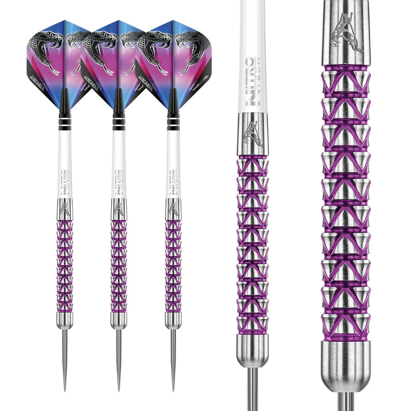 Full set of tungsten darts with purple geometric grip and close-up barrel detail, isolated on white for dart players