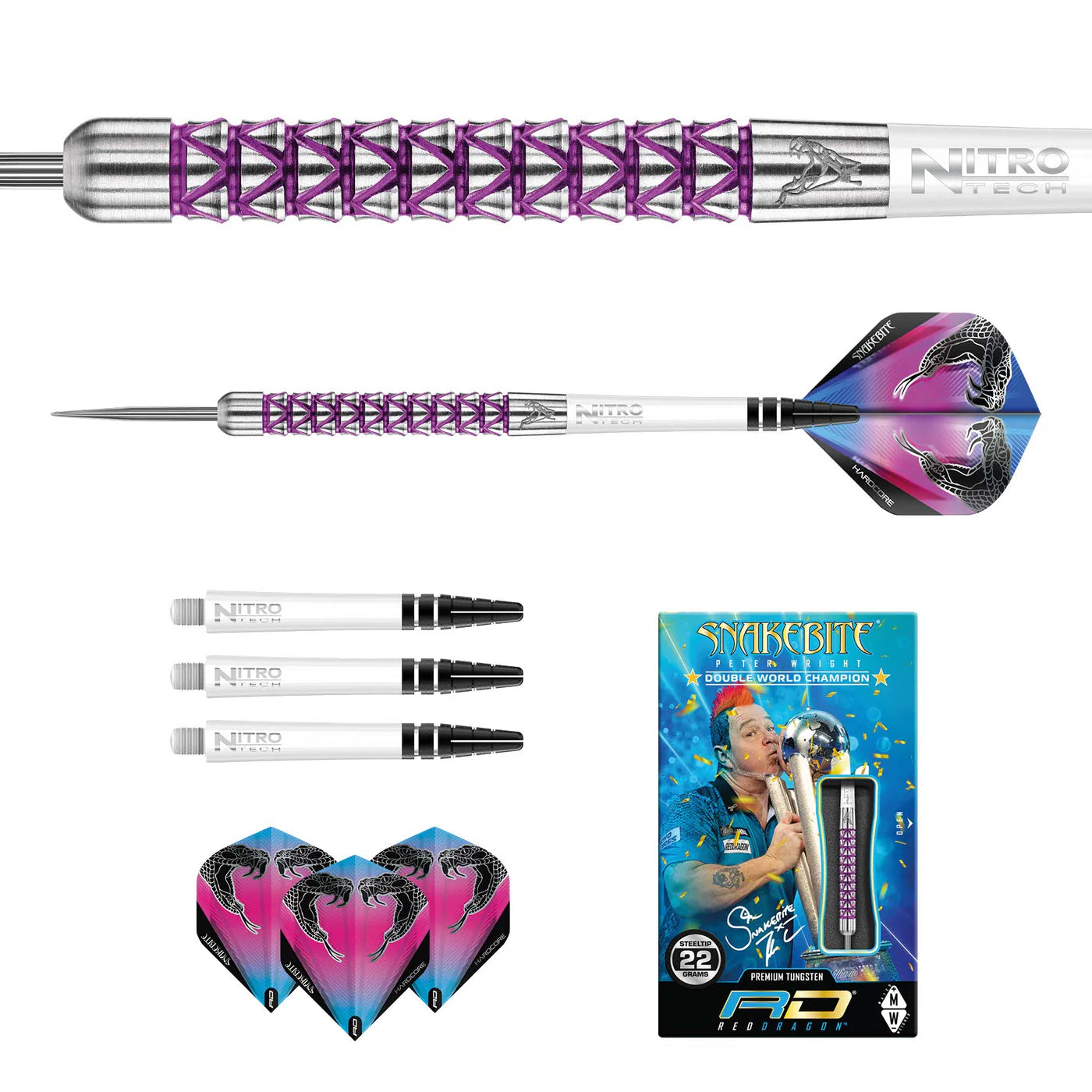Full set of 90% tungsten darts with purple grip barrel, snake-themed flights, extra shafts, and retail box on white background