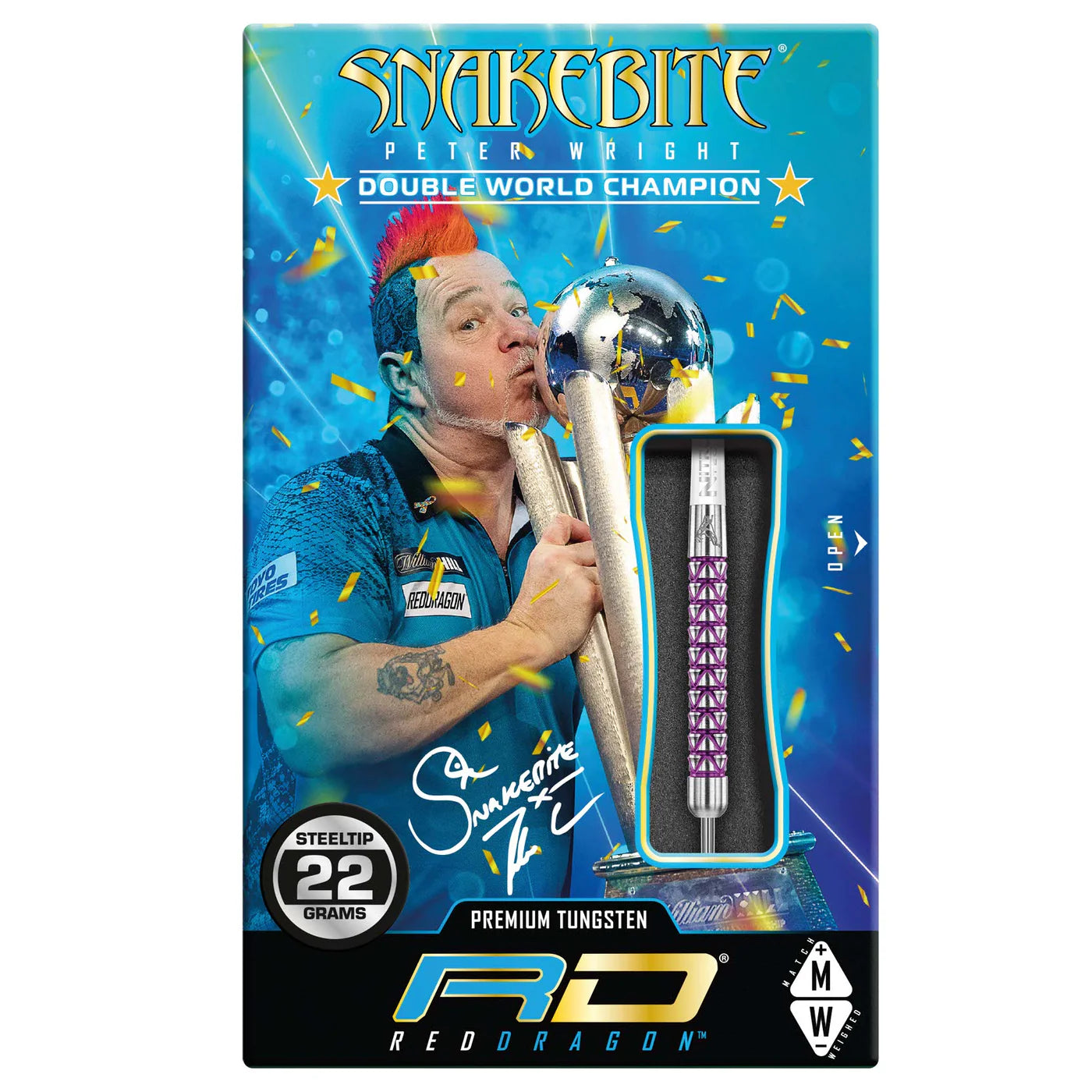 Steel tip tungsten dart in retail box with Peter Wright design, 22g weight, purple grip pattern, packaging display