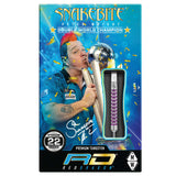 Steel tip tungsten dart in retail box with Peter Wright design, 22g weight, purple grip pattern, packaging display