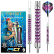 Peter Wright Vyper 90% tungsten darts with purple grip, detailed barrel texture, retail box, and steel tip close-up
