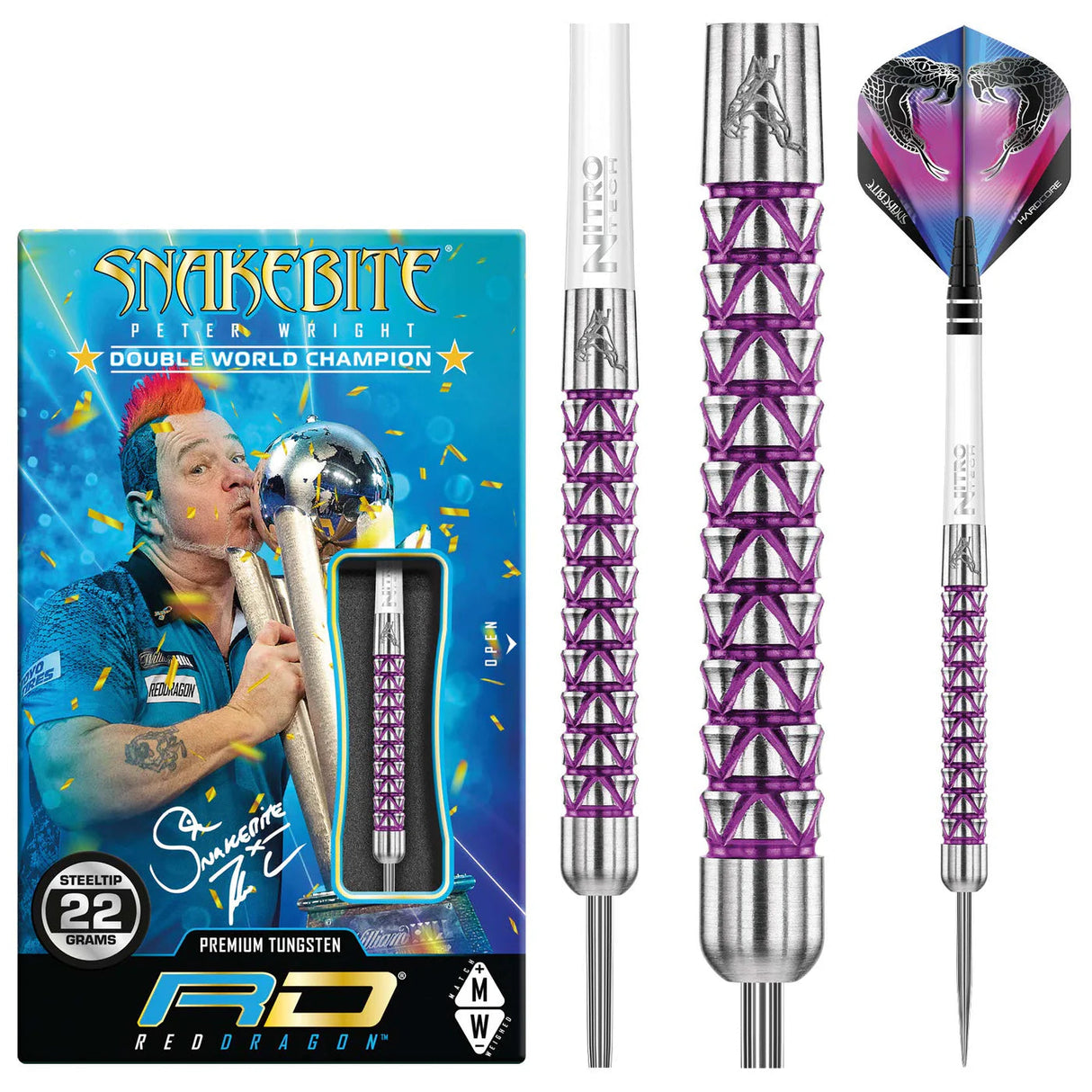 Peter Wright Vyper 90% tungsten darts with purple grip, detailed barrel texture, retail box, and steel tip close-up