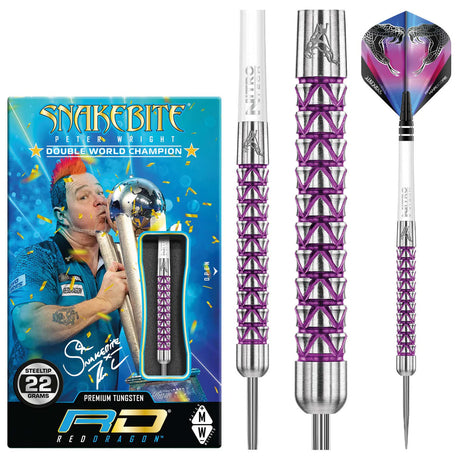 Peter Wright Vyper 90% tungsten darts with purple grip, detailed barrel texture, retail box, and steel tip close-up
