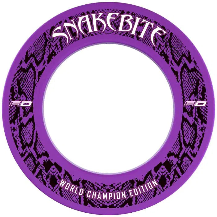 Purple Snakebite dartboard surround with world champion edition text, snake skin pattern, isolated full product view for darts setup