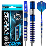 Polaris 90% tungsten steel tip darts full set with case, close-up of blue grooved barrel grip, and precision flights on white background