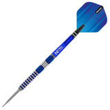 Full view tungsten dart with blue nitro tech shaft, precision grip barrel, steel tip, and blue patterned flight on white background