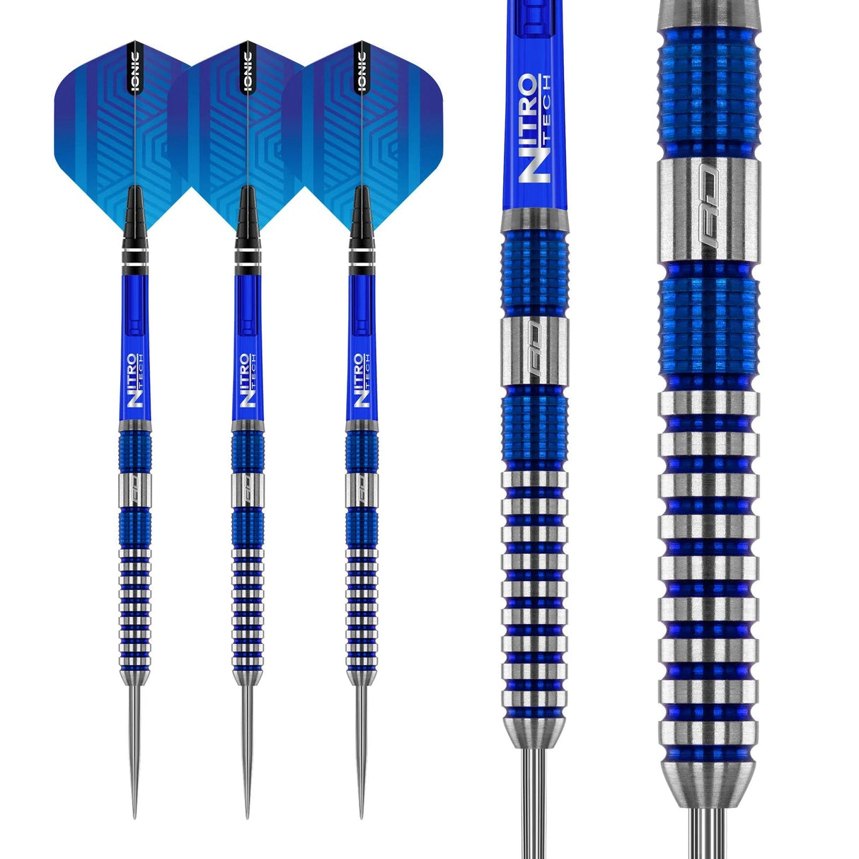 Angled close-up of Polaris 90% tungsten darts showing blue grooved barrel, ringed grip, and precision steel tip design