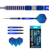 Polaris 90% tungsten darts set with blue barrel close-up, full dart profile, extra shafts, flights, and retail packaging on white background
