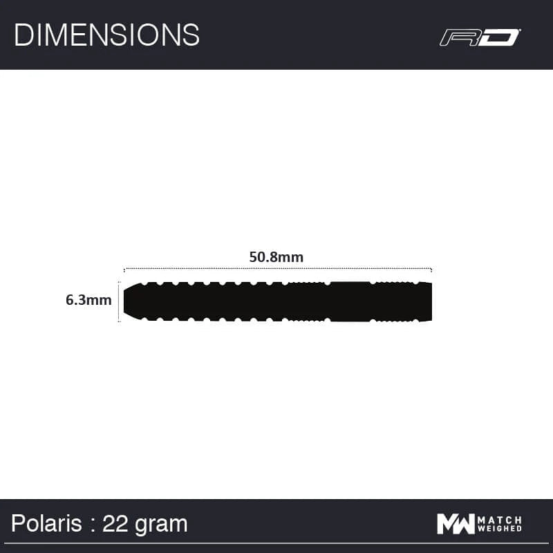 Side profile of Polaris 90% tungsten dart barrel with dimensions 50.8mm long and 6.3mm diameter, technical diagram for dart buyers