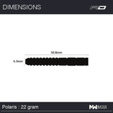 Side profile of Polaris 90% tungsten dart barrel with dimensions 50.8mm long and 6.3mm diameter, technical diagram for dart buyers