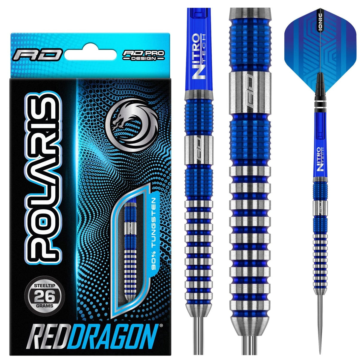 90% tungsten darts with blue ringed grip, close-up barrel detail, full dart view, and retail packaging for steel tip buyers