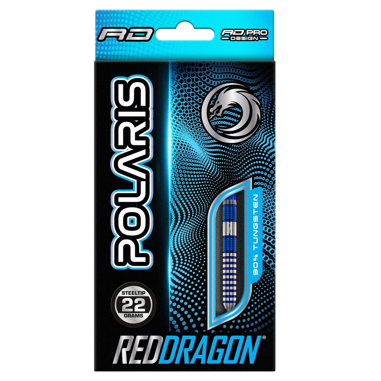 Polaris 90% tungsten steel tip darts 22g in retail box packaging with dart barrel and grip pattern visible through window