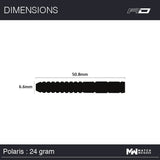 Dart barrel dimensions diagram showing 50.8mm length and 6.6mm diameter, black silhouette on white background for Polaris 24g tungsten dart