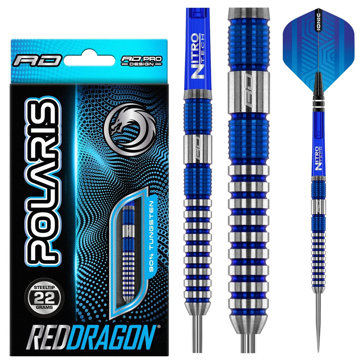 Polaris 90% tungsten darts set showing retail packaging, close-up blue ringed grip, steel tip, barrel and full dart view