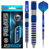 Polaris 90% tungsten darts set showing retail packaging, close-up blue ringed grip, steel tip, barrel and full dart view