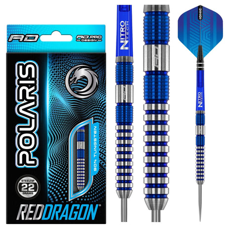 Polaris 90% tungsten darts set showing retail packaging, close-up blue ringed grip, steel tip, barrel and full dart view