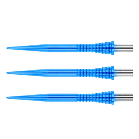 Three blue raptor gripped dart points side view on white, showcasing ergonomic grip zone and spearhead tip design for darts