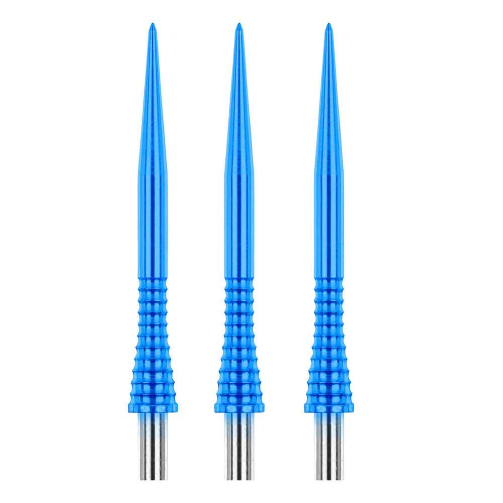 Three blue dart points with ergonomic grip and spearhead tip displayed vertically on white background