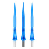 Three blue dart points with ergonomic grip and spearhead tip displayed vertically on white background