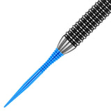 Close-up angled view of dart tip and barrel showing blue effect point with ergonomic grip texture, isolated on white background