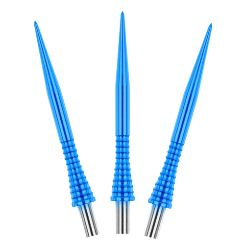 Three blue dart points with ergonomic ribbed grips and spearhead tips, isolated on white background for dartboard accessory buyers