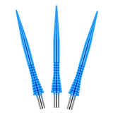 Three blue dart points with ergonomic ribbed grips and spearhead tips, isolated on white background for dartboard accessory buyers