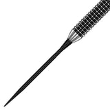 Close-up angled view of black raptor gripped dart point with CNC grip texture and spearhead tip, isolated on white background