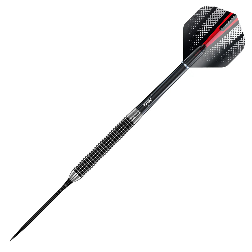 Black gripped dart point with full dart view, detailed CNC barrel grooves and spearhead tip, isolated on white background