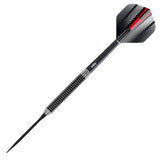 Black gripped dart point with full dart view, detailed CNC barrel grooves and spearhead tip, isolated on white background