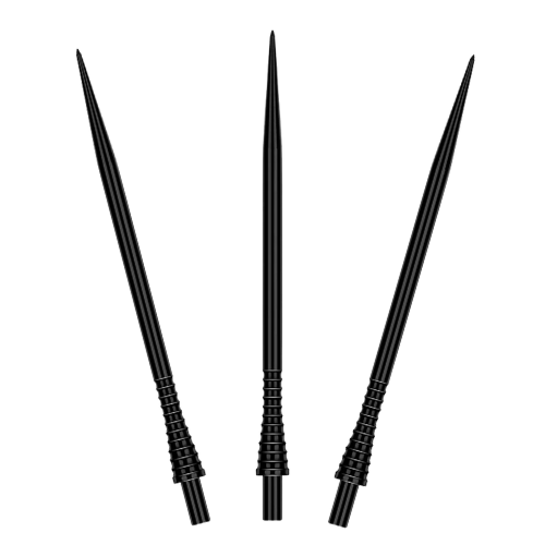 Three black gripped dart points upright on white background showing CNC machined grip texture and spearhead tips for dart equipment