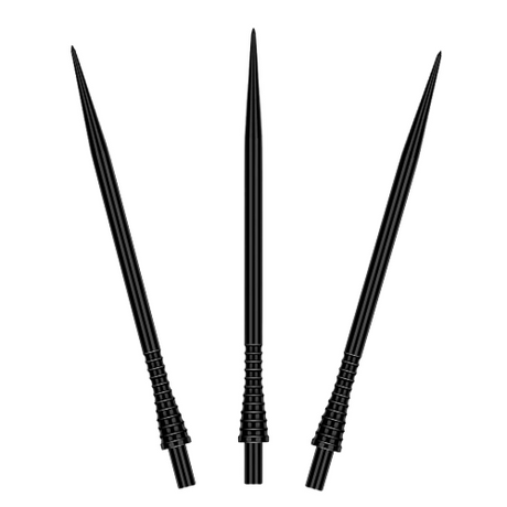 Three black gripped dart points upright on white background showing CNC machined grip texture and spearhead tips for dart equipment