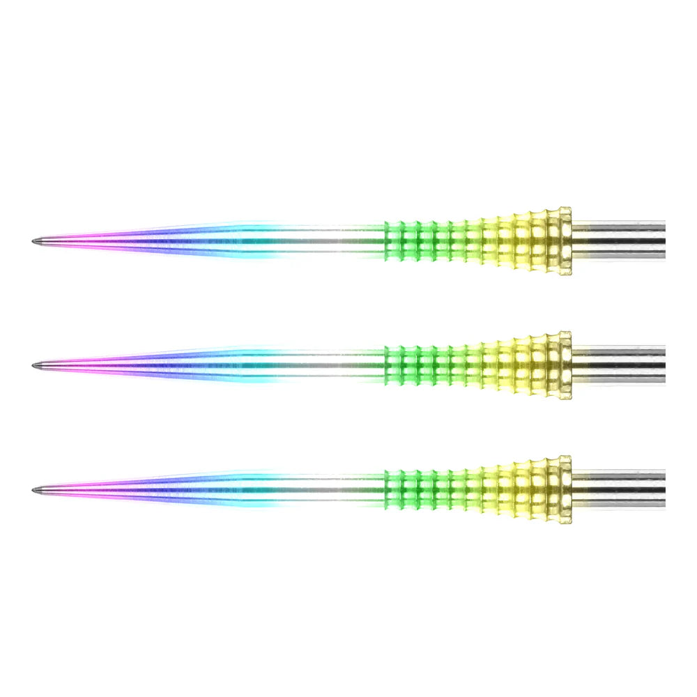 Three raptor gripped rainbow effect dart points side by side, full product view on white, highlighting textured ergonomic grip and colorful tip
