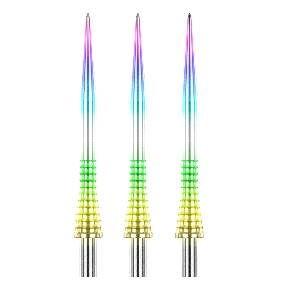 Three raptor gripped rainbow effect dart points with ergonomic grip zone and spearhead tip, isolated on white background