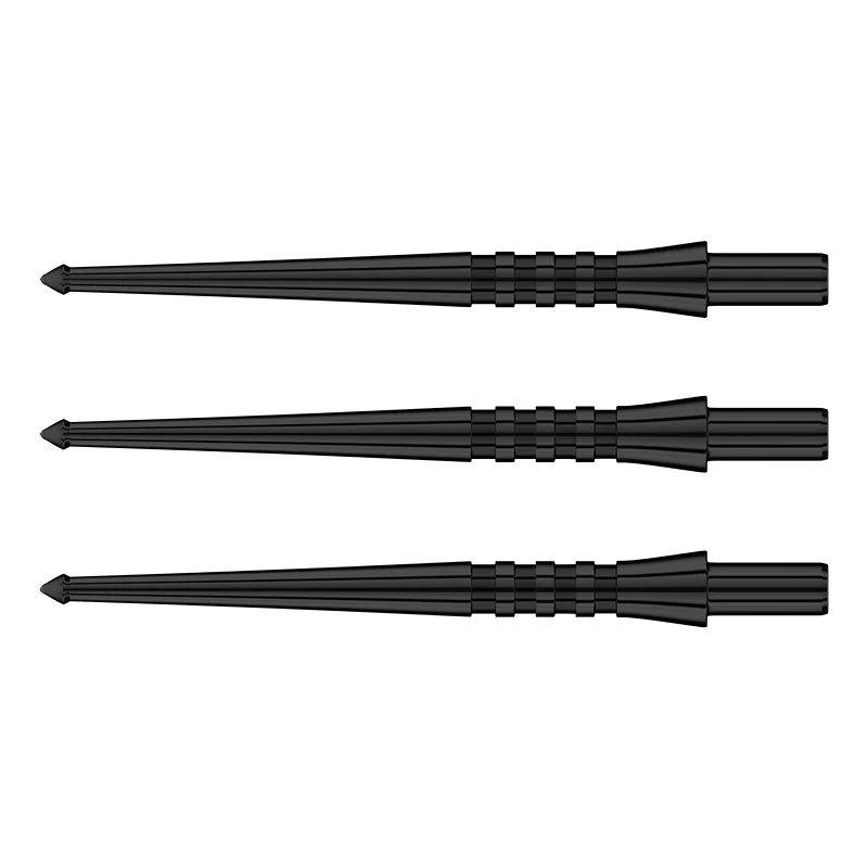 Three black dart points with ergonomic grip zones aligned side by side on white background, full view for dartboard accessories