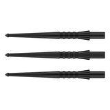 Three black dart points with ergonomic grip zones aligned side by side on white background, full view for dartboard accessories