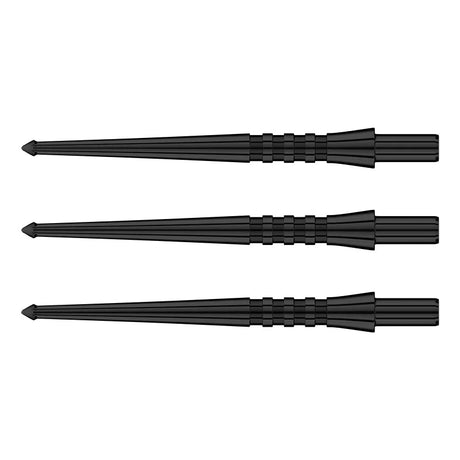 Three black dart points with ergonomic grip zones aligned side by side on white background, full view for dartboard accessories