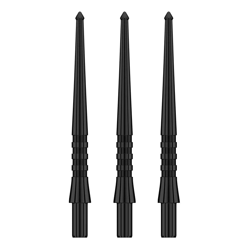 Three black steel-tip dart points with textured ergonomic grip and spearhead design displayed on white background