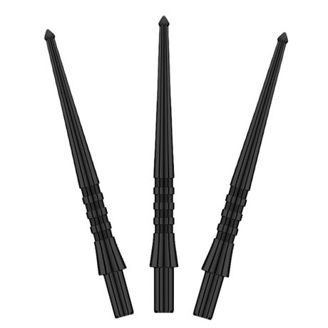 Three black dart points upright on white background showcasing ergonomic grip zones and spearhead tips for dart board retention