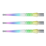 Three rainbow dart points with spearhead tips, ergonomic grip zone, isolated on white background, showcasing colorful gradient finish