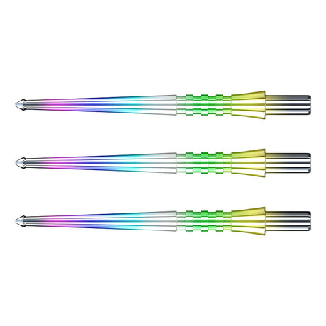 Three rainbow dart points with spearhead tips, ergonomic grip zone, isolated on white background, showcasing colorful gradient finish