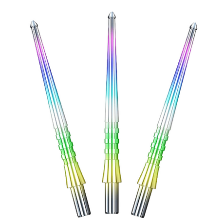 Triple dart points full view isolated on white, rainbow finish, spearhead tips, ergonomic grip zone for dartboard retention