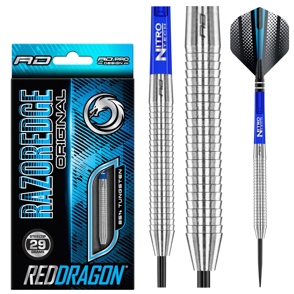 85% tungsten razor edge darts with aggressive grip, blue nitrotech shaft, full view and retail packaging side by side