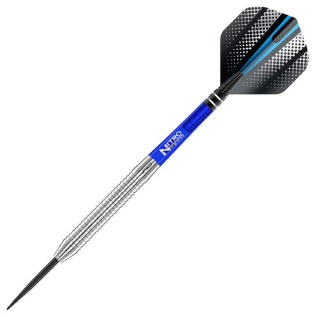 Angled view of tungsten dart with aggressive razor edge grip, blue Nitro Tech shaft, and black geometric flight isolated on white