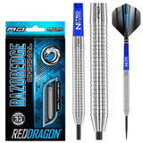 Tungsten darts with razor-edge grip, close-up barrel details, and retail packaging on white background