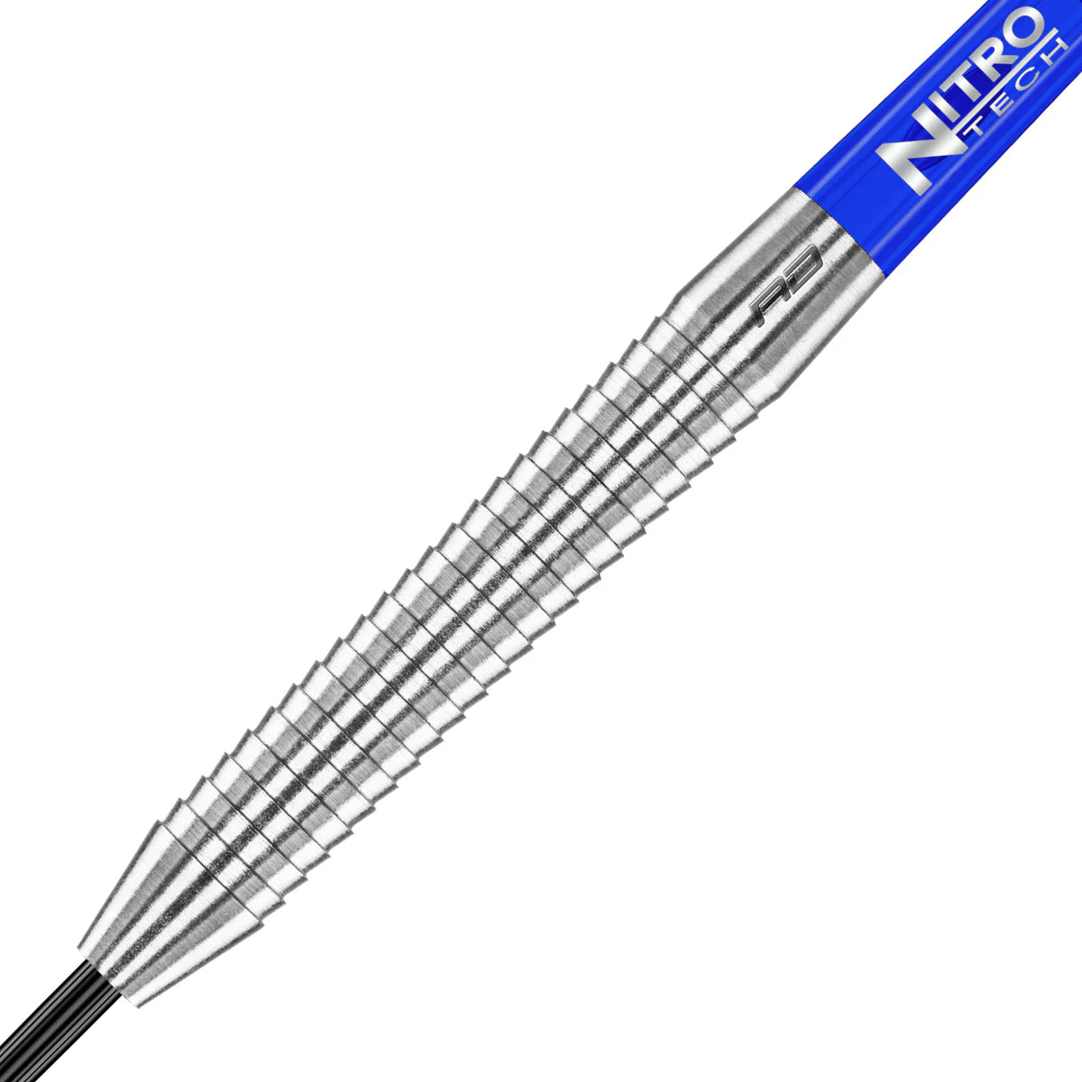 Close-up of tungsten dart barrel with razor edge grip texture and detailed engraving, isolated on white background