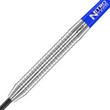 Close-up of tungsten dart barrel with razor edge grip texture and detailed engraving, isolated on white background
