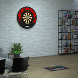 Dartboard with bold red and black design mounted on wall in modern living room, showing home setup for darts aiming and play