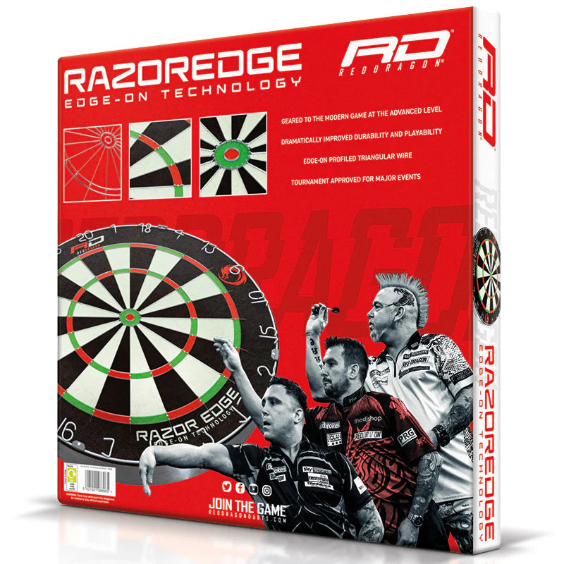 Angled view of dartboard packaging with close-ups of razor edge wiring, tournament layout, and player illustrations for darts buyers