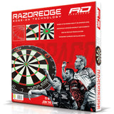 Angled view of dartboard packaging with close-ups of razor edge wiring, tournament layout, and player illustrations for darts buyers