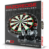 Angled view of dartboard packaging showing Razor Edge tournament dartboard graphic, WDF standards, and professional darts players
